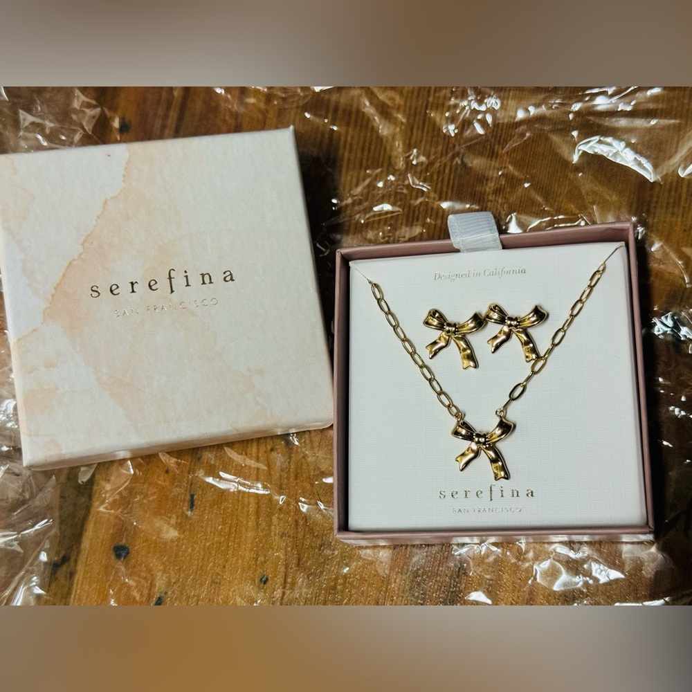 New Anthropologie Serefina Gold Bow Earrings and Bow Necklace Set & Free Gift